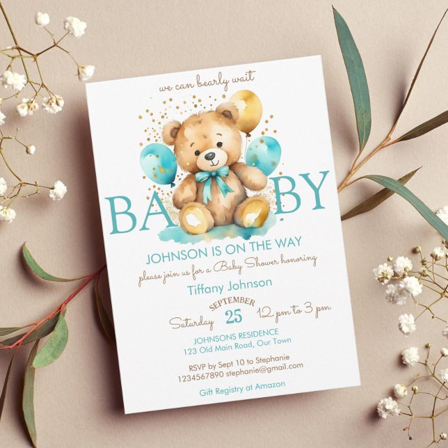 Invitation Ours en peluche patienter aqua bleu brun baby show (Cute teddy bear with balloons bearly wait baby shower template invitation instant download teal gold)