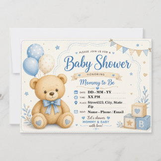 Invitation Ours en peluche personnalisé Baby Shower Bleu Beig