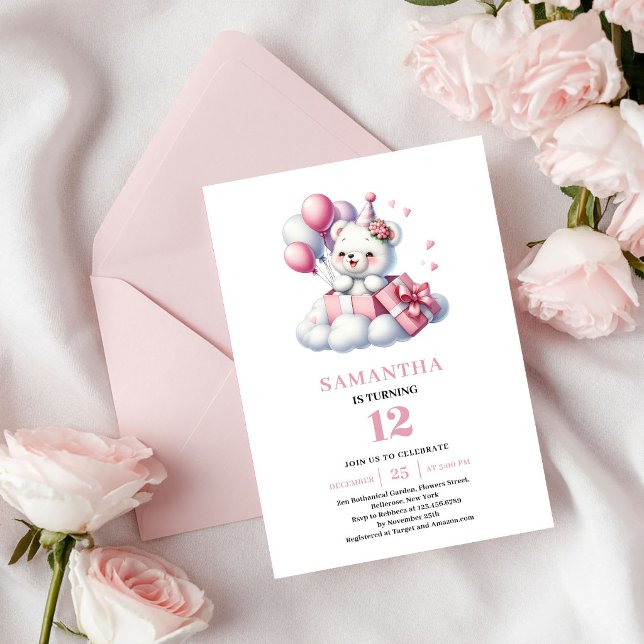 Invitation Ours en peluche pour anniversaire de fille Invitat (Girl Birthday Teddy Bear Pink Ivory Party Invite)