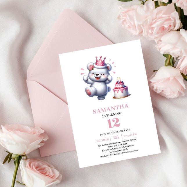 Invitation Ours en peluche pour anniversaire de fille Invitat (Sweet Girl Birthday Teddy Bear Pink Balloon Invite)