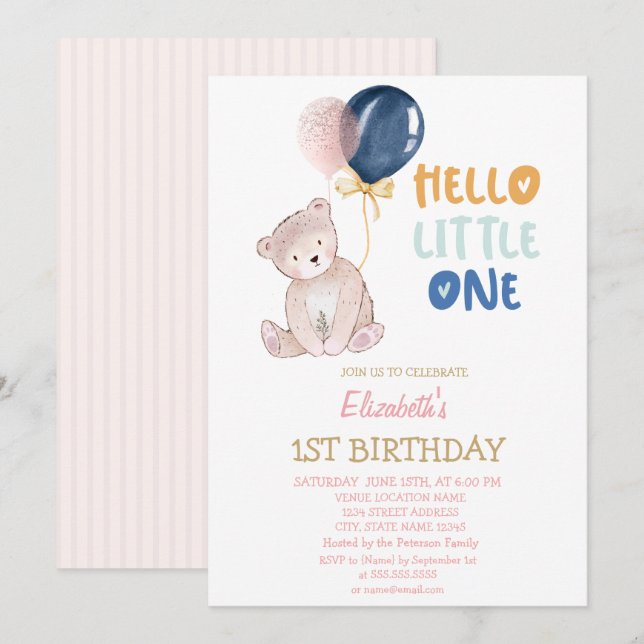 Invitation Ours en peluche rayé Bonjour Petit(e) Anniversaire (Devant / Derrière)