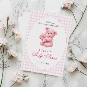 Invitation Ours en peluche rose à carreaux pour Baby Shower n
