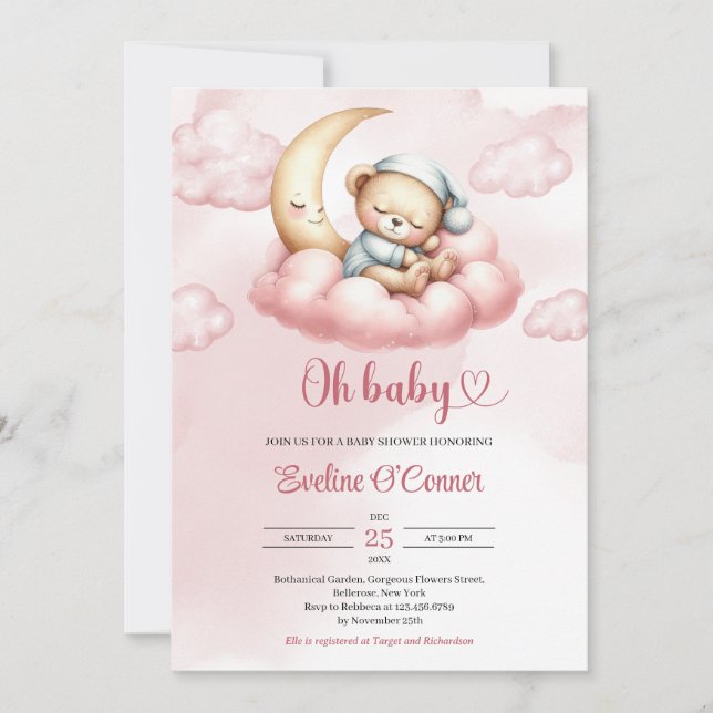 Invitation Ours en peluche rose aquarelle dormant sur la lune (Devant)