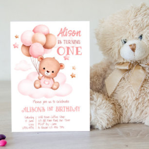Invitation Ours en peluche rose avec ballons sur les nuages