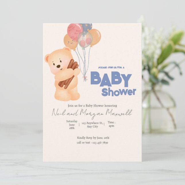Invitation Ours en peluche rose blush bébé ballon douche  (Debout devant)