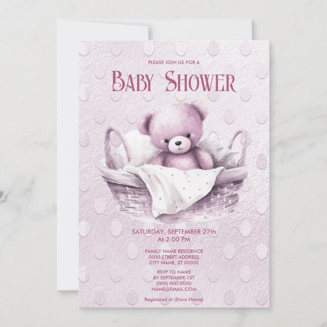 Invitation Ours en peluche rose dans le panier Baby shower In (Devant)