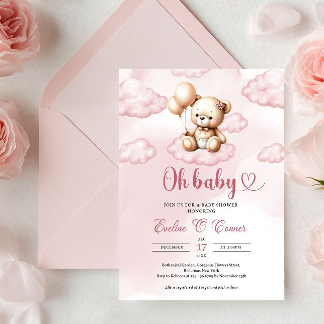 Invitation Ours en peluche rose d'aquarelle mignon sur le nua (Cute watercolor pink teddy bear over the cloud invitation)