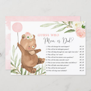 Invitation Ours en peluche rose fleuri pour maman ou papa