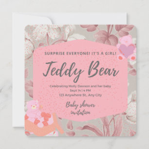 Invitation Ours en peluche rose floral vert baby shower fille