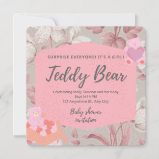 Invitation Ours en peluche rose floral vert baby shower fille