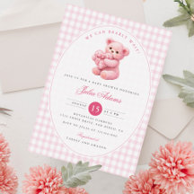 Ours en peluche rose gingham pour Baby Shower neut