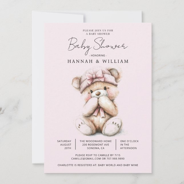 Invitation Ours en peluche rose mignon Fille Baby Shower (Devant)