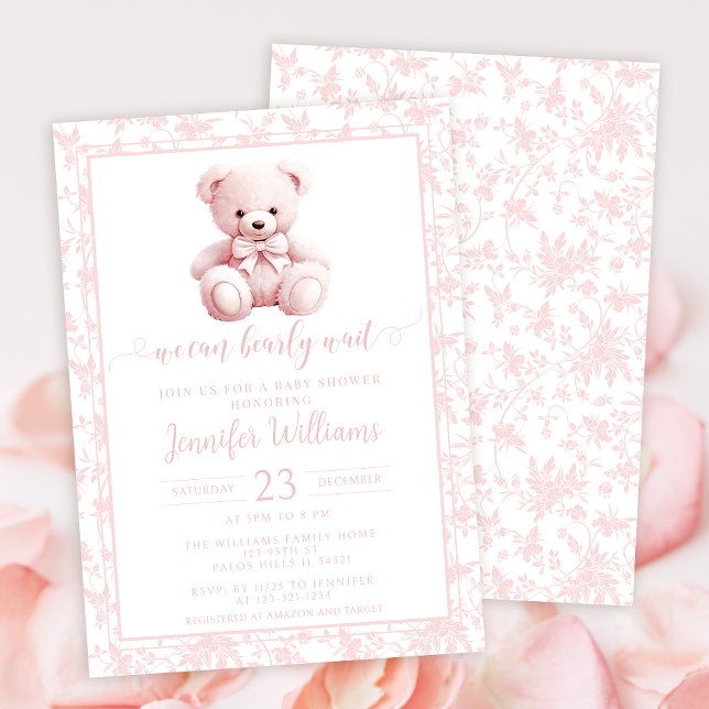 Invitation Ours en peluche rose motif floral bébé douche fill (Créateur téléchargé)