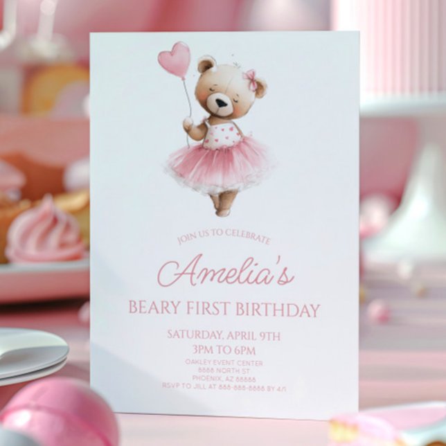 Invitation Ours en peluche rose premier anniversaire (Créateur téléchargé)