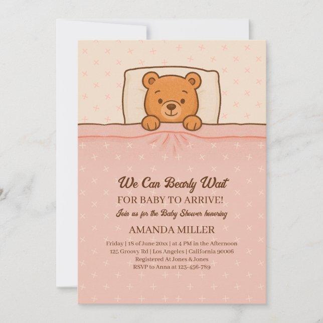 Invitation Ours en peluche Sleepy Baby shower rose clair (Devant)
