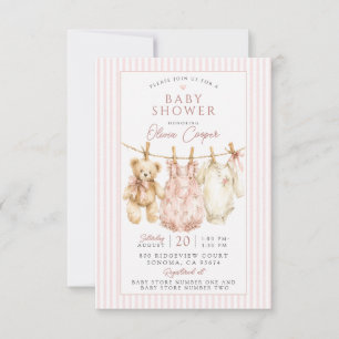 Invitation Ours en peluche sur un fil à linge Fille Rose Baby