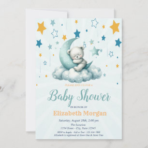 Invitation Ours en peluche vert, Nuage d'étoiles Lune Baby Sh