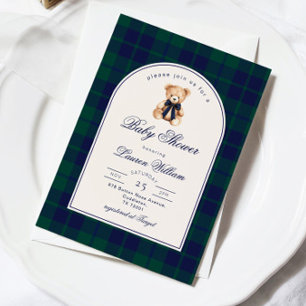 Invitation Ours en peluche Vintage Polo carreaux Navy Fête de