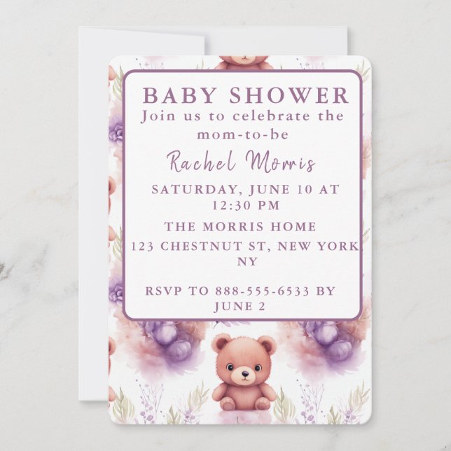 Invitation Ours en peluche violet et fleurs - Baby Shower (Devant)