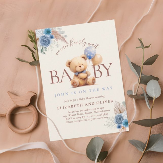 Invitation Ours En Teddy Avec Baby shower Rose Bleu Boho Ball (Créateur téléchargé)