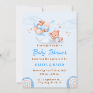 Invitation Ours En Teddy, Ballons Bleu Et Baby shower Brown