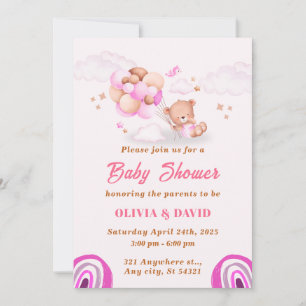 Invitation Ours En Teddy, Balloons Rose Et Baby shower Brown