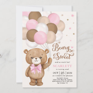 Invitation Ours en Teddy Brown rose avec ballons Fille Annive