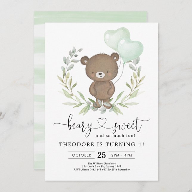 Invitation Ours En Teddy Cute Anniversaire Garçon Ballons ver (Devant / Derrière)