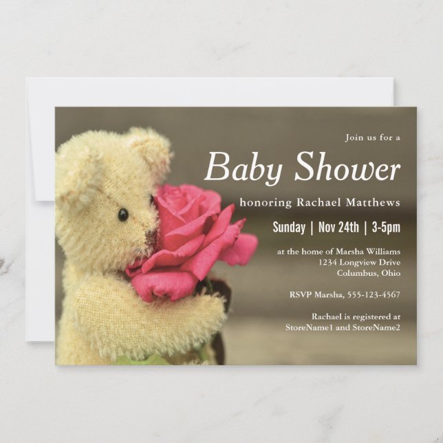 Invitation Ours En Teddy Doux Avec Baby shower Rose (Devant)