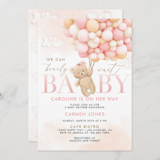 Invitation Ours en Teddy rose avec ballons Baby shower Invita