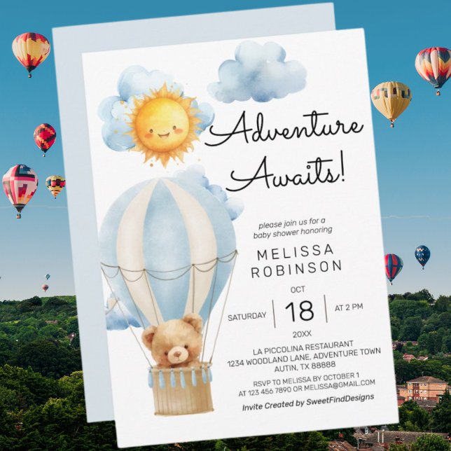 Invitation Ours En Teddy Stuffé Air Balloon Bébé Garçon Douch (Stuffed Teddy Bear Air Balloon Baby Boy Shower Invitation)