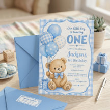 Ours en vichy bleu aquarelle pour 1er anniversaire