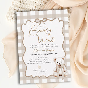 Invitation Ours en Vichy Neutre Bearly Wait Bow Baby Shower