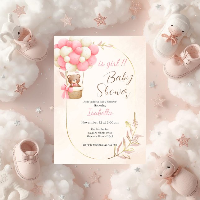 Invitation ours et ballons pour une baby shower fille (Créateur téléchargé)