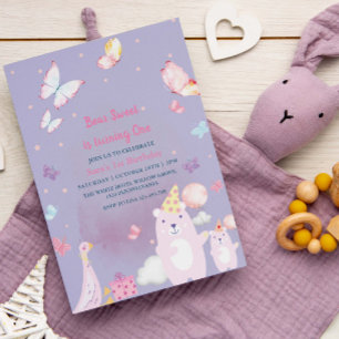 Invitation Ours et canard en peluche pourpre 1er anniversaire