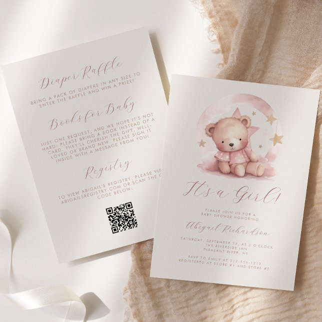 Invitation Ours Fille Code QR Aquarelle Rose Cadeau de Naissa (Créateur téléchargé)