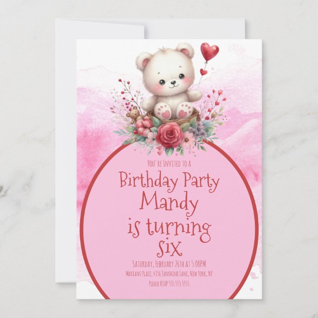Invitation Ours Floral Aquarelle Rouge Anniversaire (Devant)