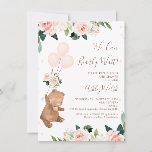 Invitation Ours Floral Blush Nous Pouvons Attendre Baby showe (Devant)