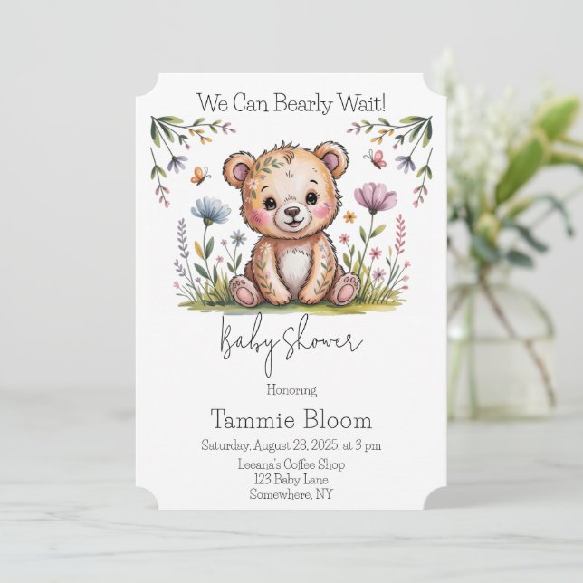 Invitation Ours Floral Nous Pouvons Attendre Baby shower (Debout devant)