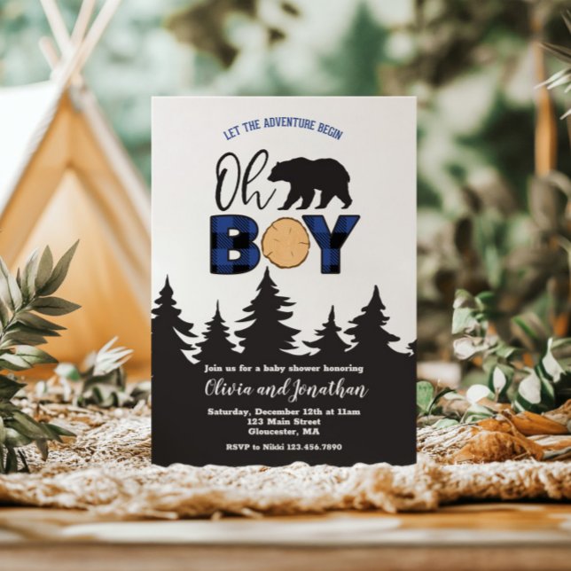 Invitation Ours garcon bleu plaid Buffalo Baby Shower (Créateur téléchargé)