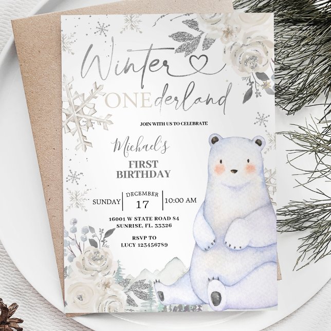 Invitation Ours Hiver Onederland Blanc Floral Anniversaire (Créateur téléchargé)