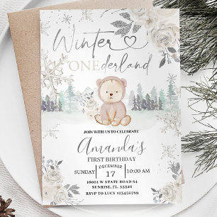 Invitation Ours Hiver Onederland Flambeau de neige Floral Ann