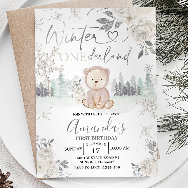 Invitation Ours Hiver Onederland Flambeau de neige Floral Ann (Créateur téléchargé)