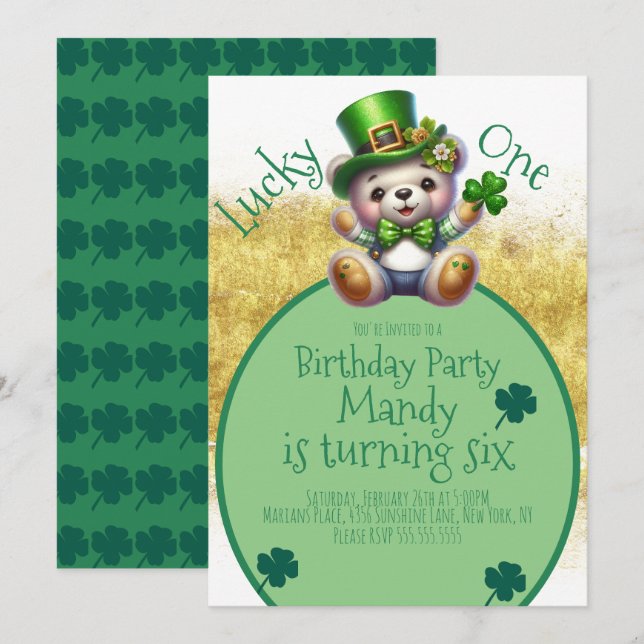 Invitation Ours jour de la Saint-Patrick mignon doré annivers (Devant / Derrière)