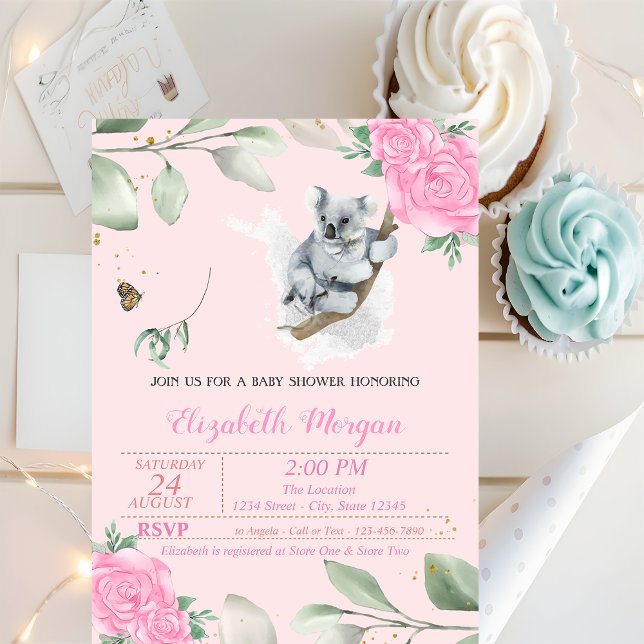 Invitation Ours Koala Mignon, Feuilles, Fête de Naissance Flo (Créateur téléchargé)