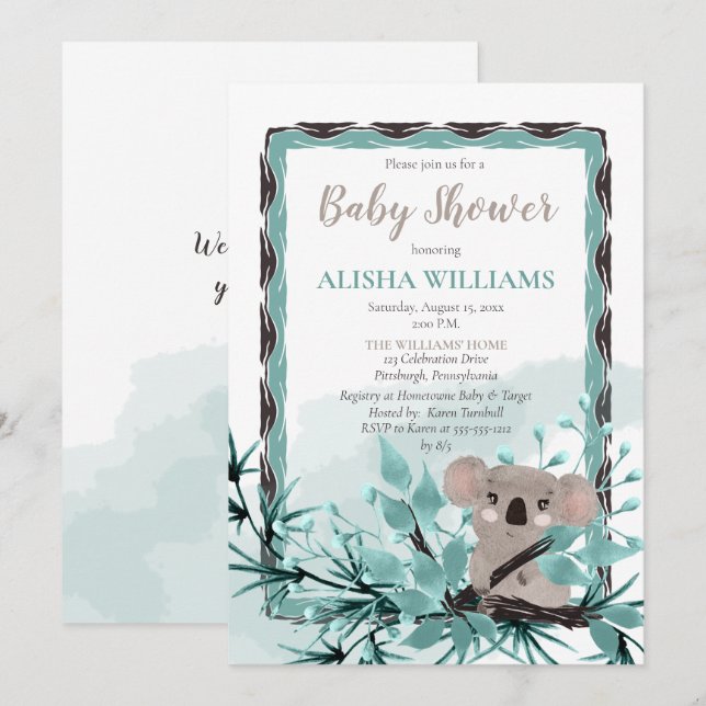 Invitation Ours Koala mignon sur Baby shower d'aquarelle I (Devant / Derrière)