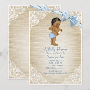 Invitation Ours marron bébé garçon et noeud bleu en toile de 