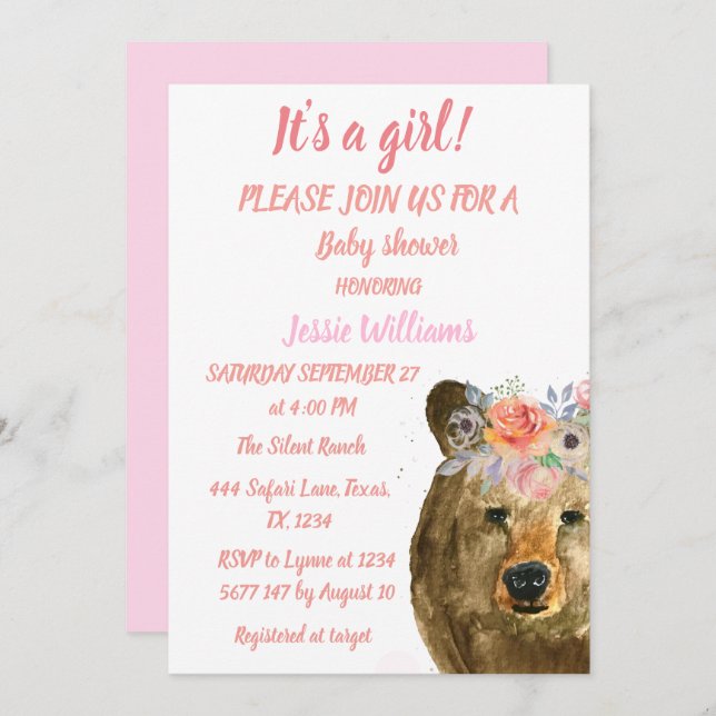 Invitation Ours mignon Animaux Bois Rose Floral Baby Girl (Devant / Derrière)