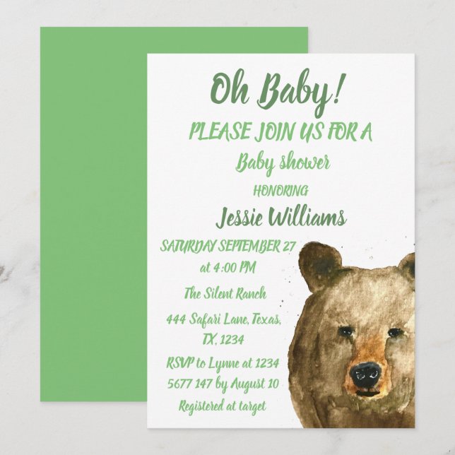 Invitation Ours mignon Animaux en bois Vert Bébé garçon douch (Devant / Derrière)