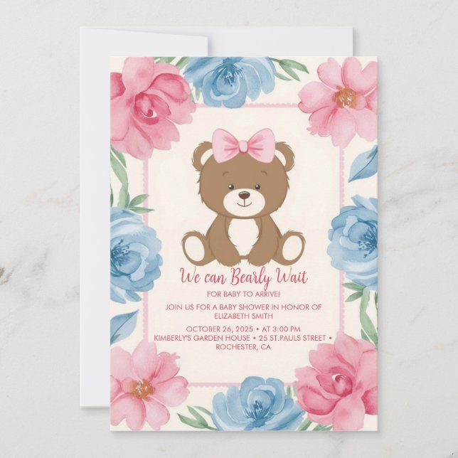 Invitation Ours mignon avec arc rose en rose (Devant)